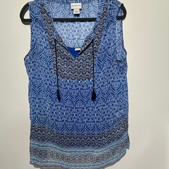 Liz Claiborne Tops - Liz Claiborne Womens Blue Tassel Tie Neck Tunic Sleeveless 2 in 1 Top Large Tall